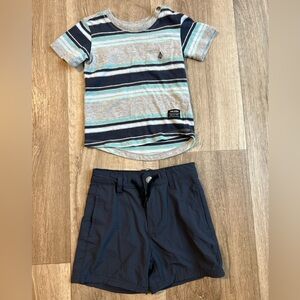 Volcom Gray and Blue Striped Tee with Navy Shorts